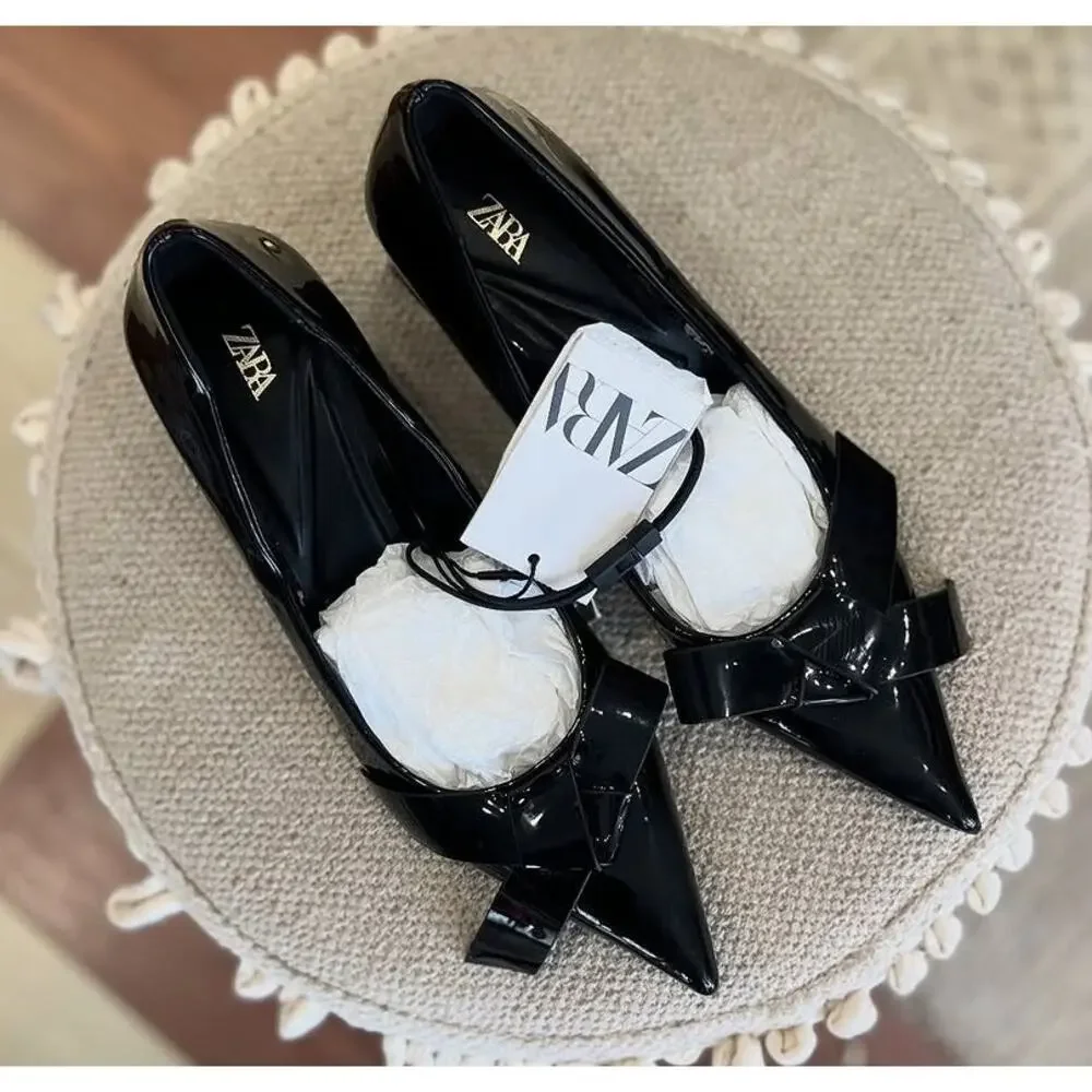 ZARA Black Patent Bow Pumps Pointed Toe Block Heel Office Shoes NWT 6.5
